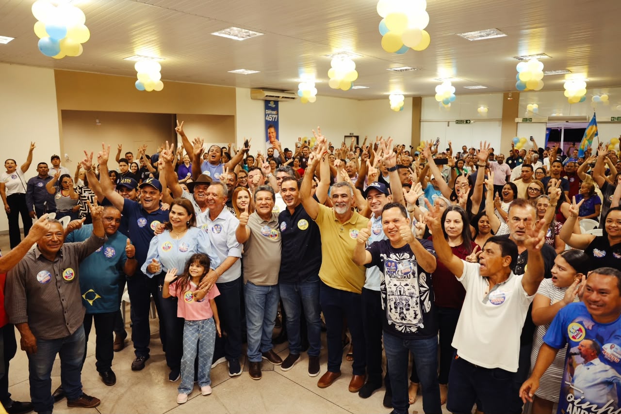 Plenária lotada com centenas de lideranças fazendo o sinal da vitória com a chapa 45.